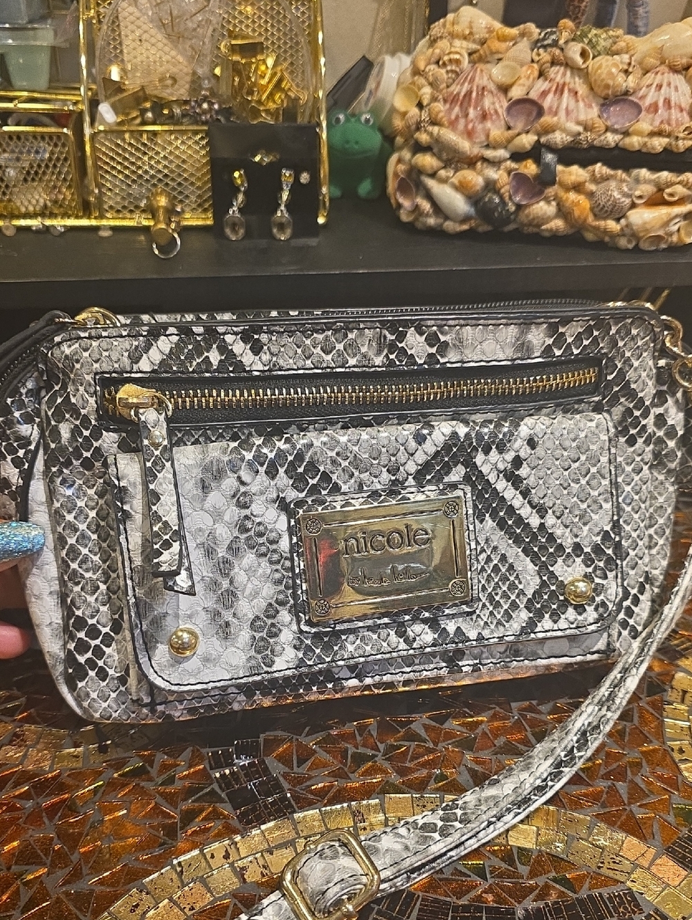 Nicole by Nicole Miller Black & White Snake-Print Crossbody Bag
